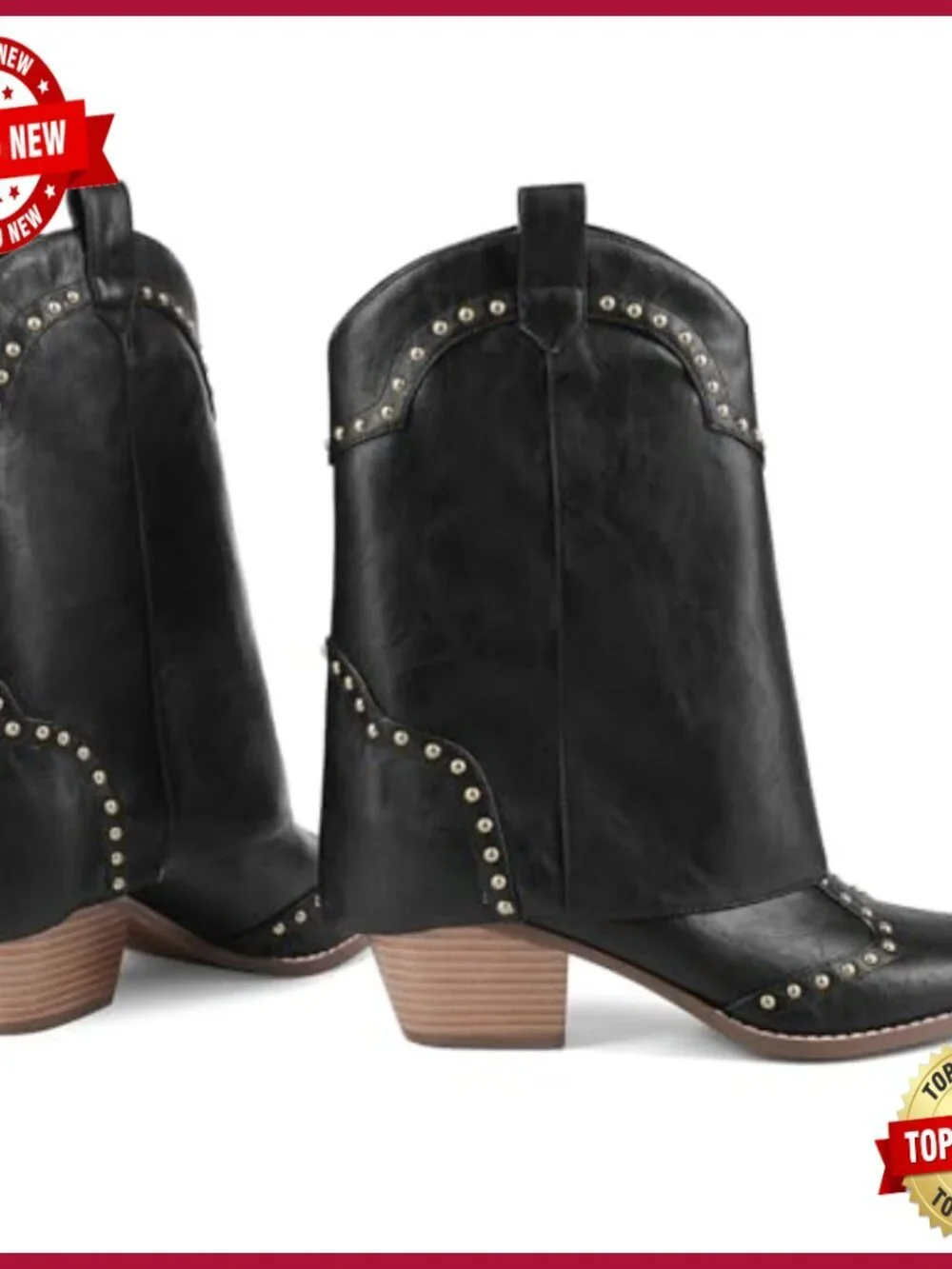 Ankle Boots Chunky Heel Snip Toe Studded Pull On Western Style